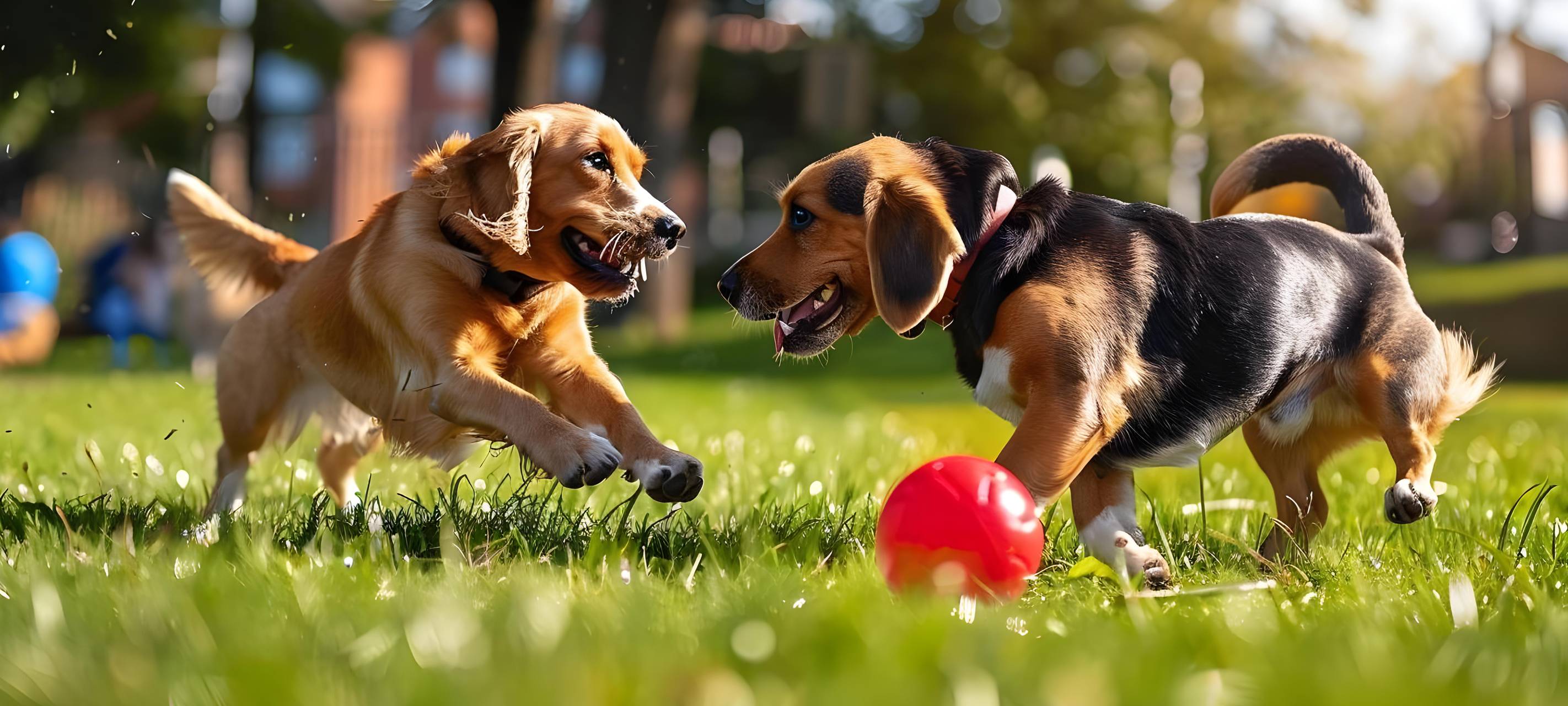 Spielende Hunde auf einer grünen Wiese
